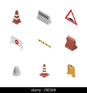 Under construction design elements. Set of different signs road repairs, isolated on white background. Flat isometric style, 3D vector illustration. Stock Vector
