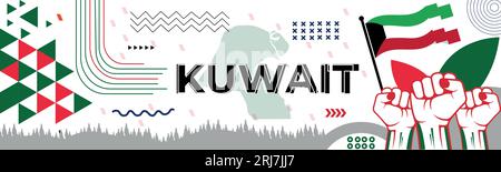 Kuwait national day banner with map, flag colors theme background and geometric abstract retro modern black yellow red design. abstract modern design. Stock Vector