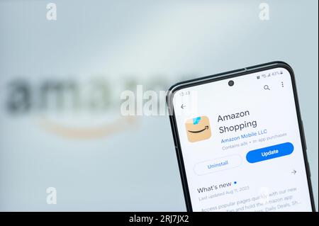 New York, USA - August 20, 2023: Amazon shopping in google store app on smartphone display close up with blurred logo background Stock Photo