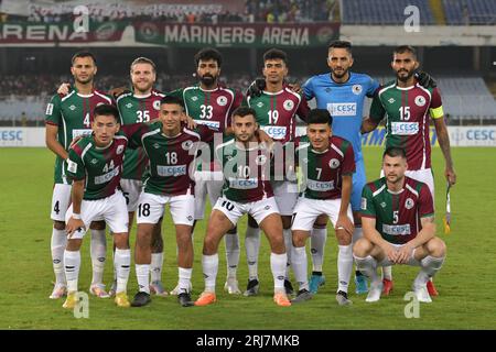 Kolkata, India. 16th Aug, 2023. Mohun Bagan Super Giant team players pose for a group photo before the 2023-24 AFC Cup Preliminary Stage 2 match between Mohun Bagan Super Giant and Machhindra FC at Salt Lake Stadium. Final score; Mohun Bagan 3:1 Machhindra. Credit: SOPA Images Limited/Alamy Live News Stock Photo