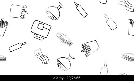 Black and white endless seamless pattern of food and snack items icons set for restaurant bar cafe: fries, sandwich, ketchup, ice cream, tea, bacon. T Stock Vector