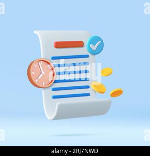 3d Bill with clock and golden coins Stock Vector