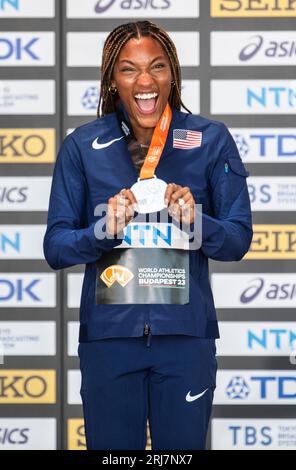 Budapest, Hungary. 21st Aug, 2023. Tara Davis-Woodhall of the USA receives her silver medal for long jump during day three of the World Athletics Championships Budapest 2023 at Heroes' Square on August 21, 2023 in Budapest, Hungary. Photo by Gary Mitchell/Alamy Live News Credit: Gary Mitchell, GMP Media/Alamy Live News Stock Photo