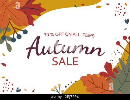 Autumn sale.Bright banner for autumn sale with fallen leaves. 70 percent discount. Vector illustration. Stock Vector