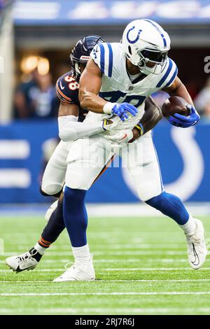 Indianapolis Colts running back D'vonte Price runs on the field during the  second half of a preseason NFL football game against the Buffalo Bills in  Orchard Park, N.Y., Saturday, Aug. 13, 2022. (