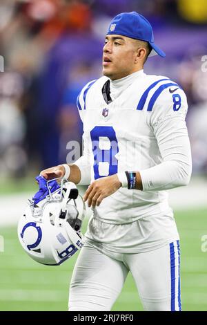 CLEVELAND, OH - OCTOBER 11: Indianapolis Colts Punter Rigoberto Sanchez (8)  in game action during a NFL game between the Indianapolis Colts and the  Cleveland Browns on October11, 2020 at FirstEnergy Stadium