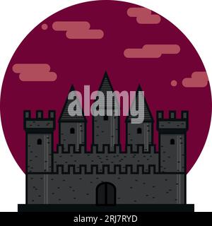 Dark Medieval castle flat icon. Fortress on red bloody sky circle background. Medieval architecture. Vector illustration of knight castle with walls a Stock Vector