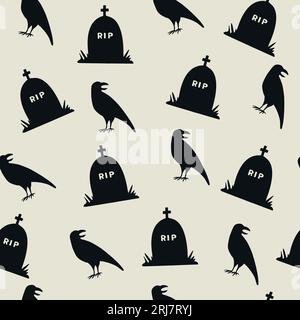 Tombstones and Crows seamless pattern. Halloween attributes. Black hand drawn elements on grey background. Vector illustration Stock Vector