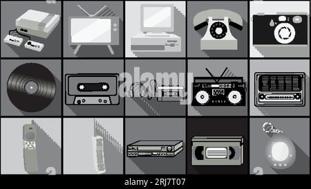 Set of simple flat style icons with long shadow from old retro vintage hipster electronics, mobile phones, camera, audio recorder, tape, computer, vin Stock Vector