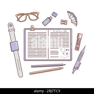 Desktop, diary with notes, automatic pencil, fitness bracelet, flash card, glasses, pencils with a sharpener, leads. Doodle style. Stationery, office. Stock Vector