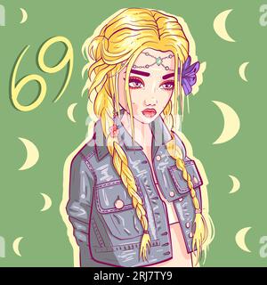 Conceptual art of a blonde girl with long braided hair and a crystal on her forehead. Cancer woman zodiac sign with denim jacket and flower Stock Vector