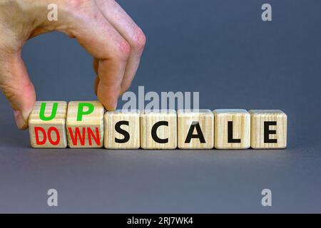 Upscale or downscale symbol. Concept words Upscale or Downscale on wooden cubes. Beautiful grey table grey background. Businessman hand. Business upsc Stock Photo