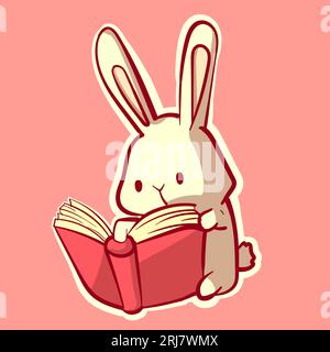 Kawaii pink and white bunny reading a book. Digital art of a cute anime rabbit studying a notebook while sitting down. Stock Vector