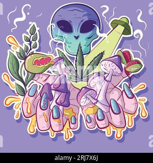 Doodle artwork with psychedelic and trippy elements like mushrooms, aliens, UFOs and marijuana. Hands holding LSD and hallucinations. Sticker vector w Stock Vector