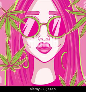 Digital art of a stoner girl with pink hair and green marijuana leaves around her head. Character avatar of a junkie woman with sunglasses and cannabi Stock Vector