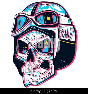 Conceptual neonwave sketch art of an aviator skull wearing a funky leather cap. Military tattoo vector of a fighter with steampunk elements. Stock Vector
