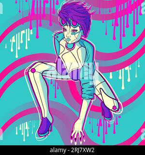 Conceptual art about artificial intelligence. Synthwave cyborg woman with robotic and bionic outfit on a cyber background. Science fiction digital dra Stock Vector