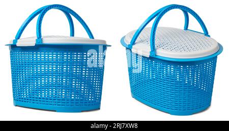 blue color empty plastic basket with white lid, shopping or storage container taken in different angles isolated on white background, mock-up template Stock Photo