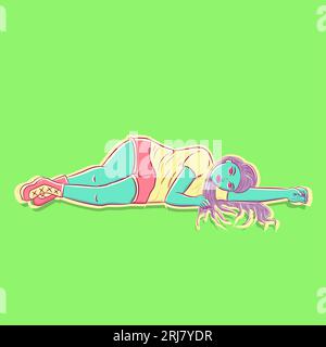 Conceptual art of the sloth sin. Sluggish and apathetic woman full of boredoom laying on the ground. Colorful vector illustration of a female from the Stock Vector