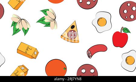 Endless white seamless pattern from a set of icons of delicious food and snacks items for a restaurant bar cafe: apple, orange, pizza, sausage, pistac Stock Vector