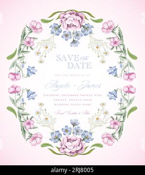 Floral watercolor save the date invite card. Pink flower wedding invitation card for printing vector illustration. Stock Vector