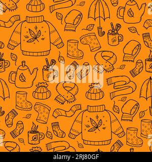 Seamless pattern. Cozy autumn, knitted clothes, umbrella, rubber boots, food and drinks on orange background. Vector illustration in doodle style for Stock Vector