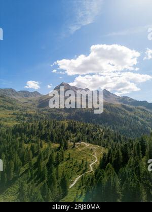 Scenic aerial view of hiking trail leading toward alpine mountains through green pine forest with blue sky Stock Photo