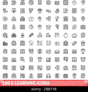 100 e-learning icons set. Outline illustration of 100 e-learning icons vector set isolated on white background Stock Vector