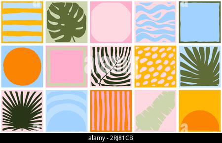 Mint, pink seamless tiled pattern. Hand-drawn exotic plant, tropical leaves, waves, stripes, sun, dots background decor. Vector bright jungle illustra Stock Vector