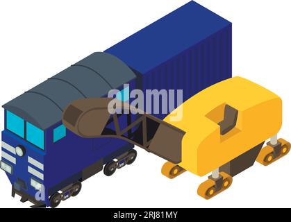 Pavement repair icon isometric vector. Asphalt milling near railway locomotive. Pavement milling, cold planing Stock Vector