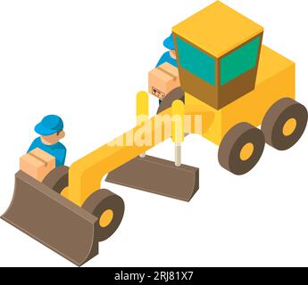 Earth work icon isometric vector. Two man worker with box near motor grader icon. Construction work, building site Stock Vector