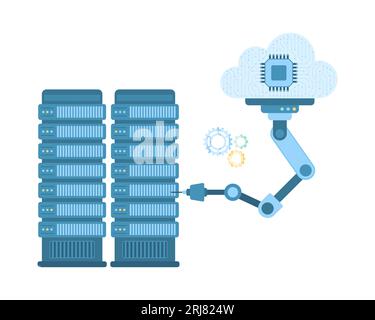 Machine learning vector illustration. Cartoon isolated robotic arm with smart brain connected to cloud storage working with database on server, infographic innovation remote support of business Stock Vector