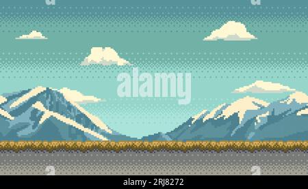 Pixel art background. Scene with snowy mountains, grass and clouds. Landscape for game or application. Retro video arcade style vector illustration Stock Vector