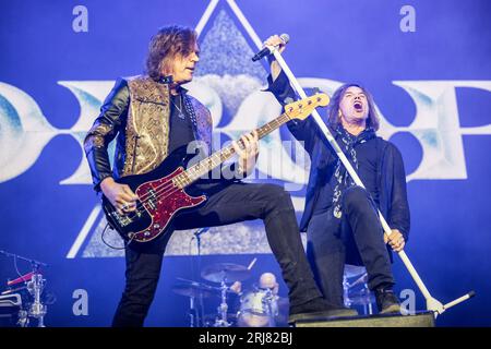 Solvesborg, Sweden. 08th, June 2023. The Swedish rock band Europe performs a live concert during the Swedish music festival Sweden Rock Festival 2023 in Solvesborg. Here vocalist Joey Tempest is seen live on stage with bass player John Leven. (Photo credit: Gonzales Photo - Terje Dokken). Stock Photo