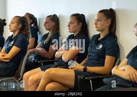 Gent, Belgium. 21st Aug, 2023. Players pictured during a press conference to discuss the upcoming season of women's soccer team KAA Gent Ladies, Monday 21 August 2023 in Gent. BELGA PHOTO JAMES ARTHUR GEKIERE Credit: Belga News Agency/Alamy Live News Stock Photo