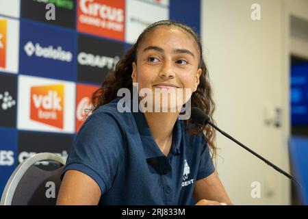 Gent, Belgium. 21st Aug, 2023. Captain Nia Elyn pictured during a press conference of women's soccer team KAA Gent Ladies, Monday 21 August 2023 in Gent. BELGA PHOTO JAMES ARTHUR GEKIERE Credit: Belga News Agency/Alamy Live News Stock Photo