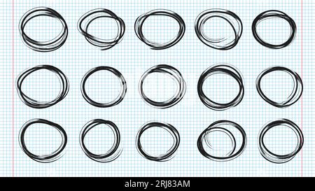 Hand drawn circles line sketch set on notebook pages. Doodle graffiti illustration. Drawing circular scribble doodle round circles. Stock Vector