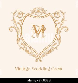 MR RM initial baroque style wedding crest design. Vintage wedding crest with shield and floral vector illustration. Stock Vector