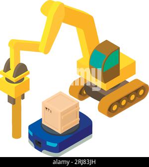 Ground work icon isometric vector. Large jackhammer near modern warehouse robot. Drilling work, construction site Stock Vector