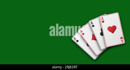 Hand fan of playing cards consisting of four white Ace of Spades, Diamonds, Clubs, Hearts. Vector illustration on a green table. Poker and casino conc Stock Vector