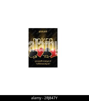 Poker championship tournament banner. Poker logo with suit chips. Clubs, diamonds, spades, hearts on a black background. Vector illustration. Stock Vector