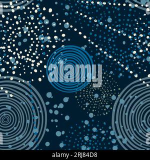 Circles and dots hand drawn vector seamless pattern in blues tones, fashion, print repeating background Stock Vector