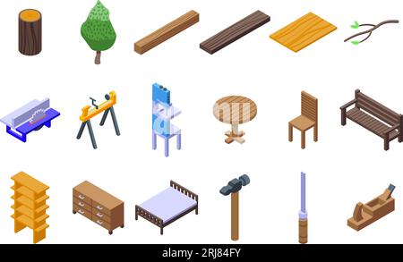 Woodworking icons set isometric vector. Carpentry furniture. Home repair Stock Vector