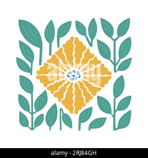 Groovy abstract flower wall art, poster, card template. Square shape daisy with leaves. Stock Vector