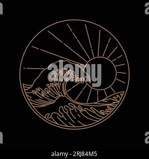 Seascape with big wave illustration vector line art style, summer wave circle symbol Stock Vector