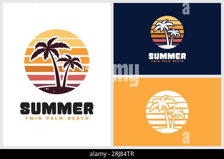 Sunset Beach With Twin Palm for Summer Surf Vacation logo design inspiration Stock Vector
