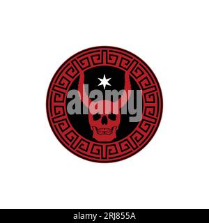 Skull Devil Demon Satan Horned Mascot Emblem Badge Medallion With Chinese Motif Border Stock Vector