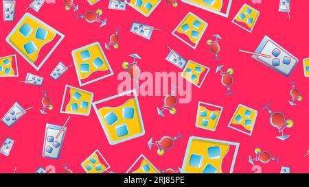Endless seamless pattern of beautiful glass glasses with tasty alcoholic cocktails with ice and straws with lemons and beer for a party on a red backg Stock Vector