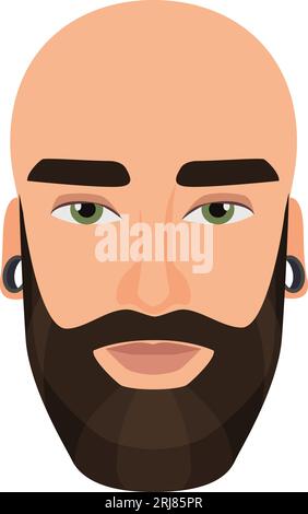 Bald bearded man. Hipster male head, guy wearing earring vector isolated illustration Stock Vector