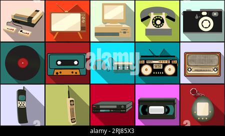 Set of simple flat style icons with long shadow from old retro vintage hipster electronics, mobile phones, camera, audio recorder, tape, computer, vin Stock Vector